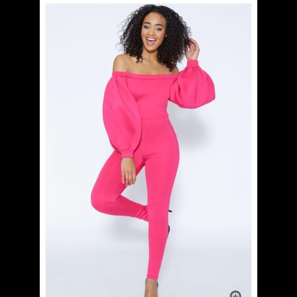 Off-Shoulder Bubble Sleeve Jumpsuit - Hot Pink